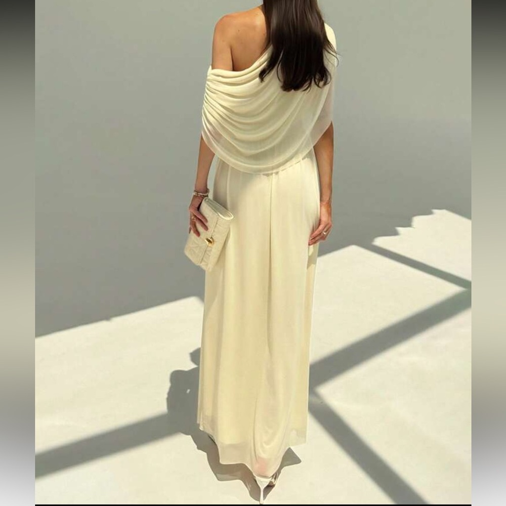 Cream butter yellow mesh ruched asymmetrical draped semi formal maxi dress - Picture 4 of 7